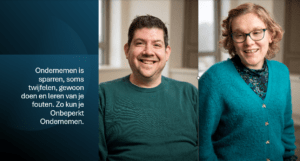 Een jonge man een een jonge vrouw en de tekst: Ondernemen is sparren, twijfelen, gewoon doen en leren van je fouten. Zo kun je onbeperkt ondernemen.