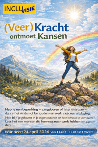 Affiche met de titel: Kracht ontmoet kansen en een afbeelding van een vrouw meteen kunstbeen op de top van een berg.