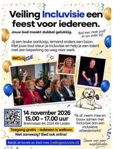 Flyer met de tekst Veiling Incluvisie een feest voor iedereen. Met foto's van een man en een vrouw en een groep mensen